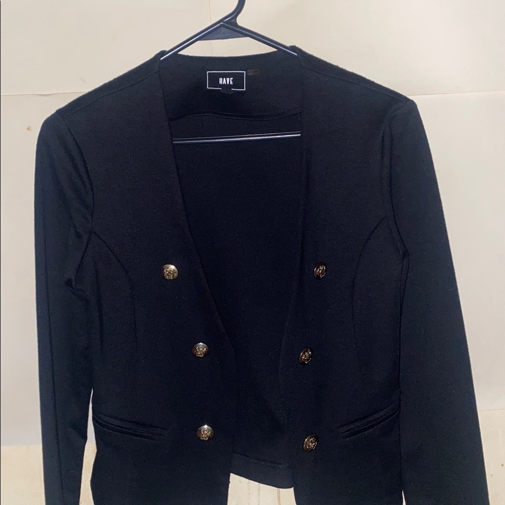 Women’s Blazer, Black Gold Accent Buttons Work Jacket Attire Business Casual
